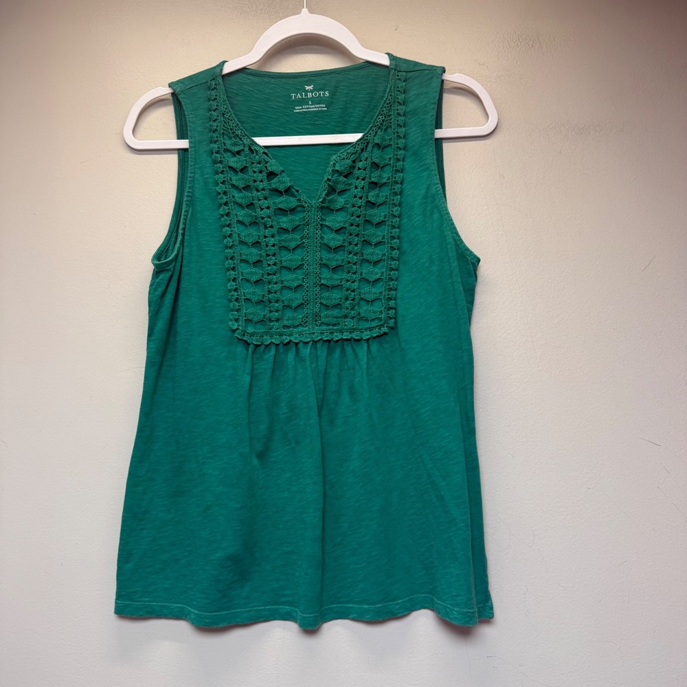 Talbots Crochet Lace‎ Bib Tank Women Size S Green Excellent Slub Cotton